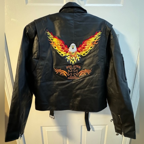 Custom Leather Biker Moto Jacket Embroidered Eagle West Star Choppers Med Lined - Picture 1 of 16